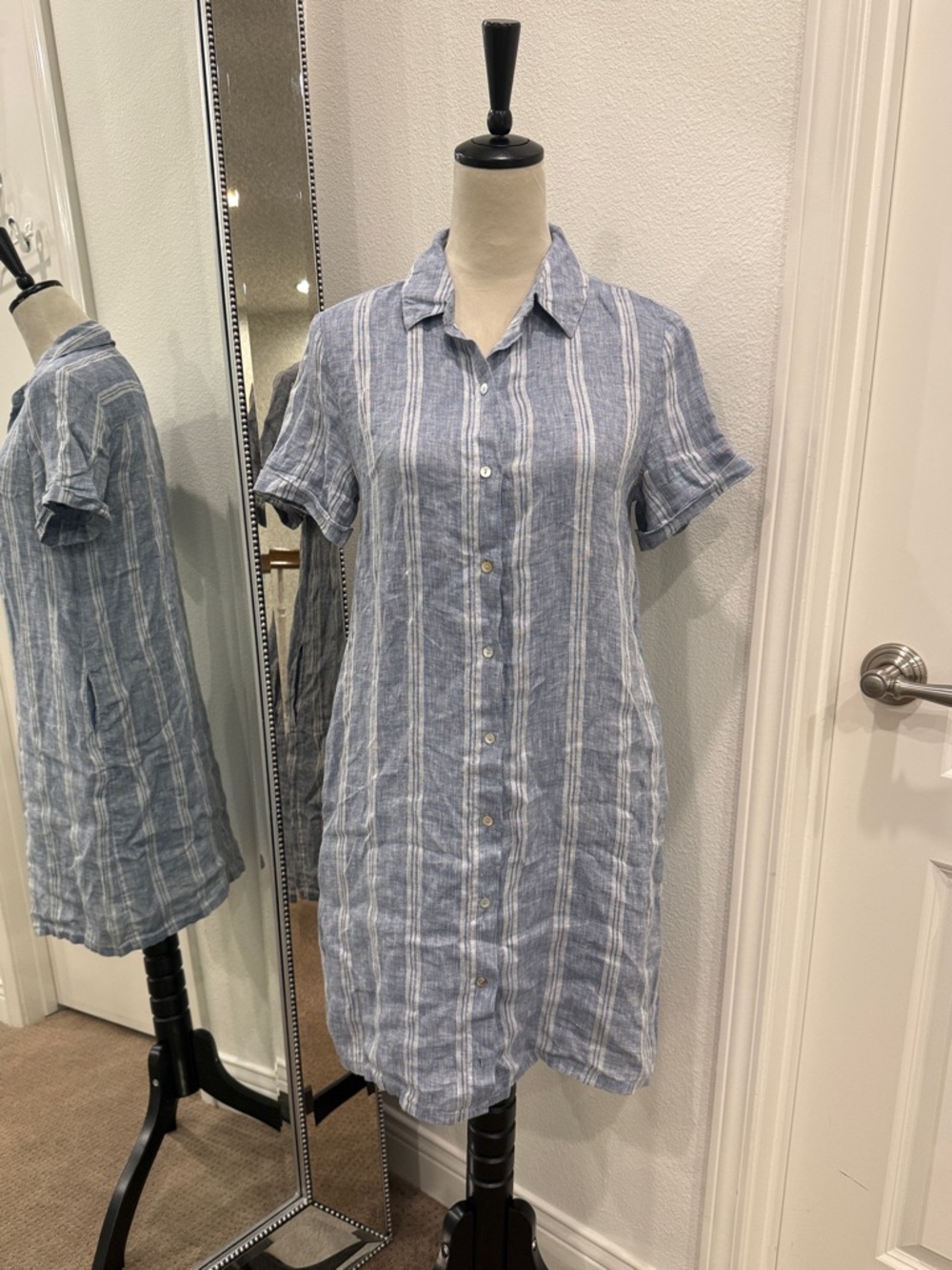 Tahari Light Blue and White Striped Linen Shirt Dress NWT